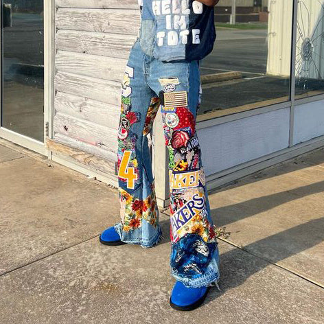 Casual street basketball stitching denim trousers