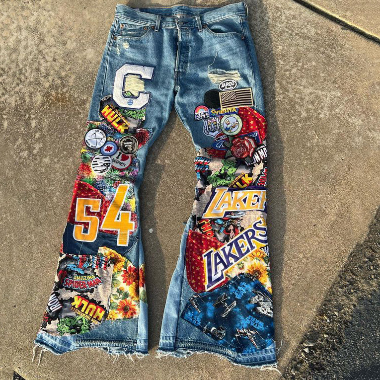 Casual street basketball stitching denim trousers